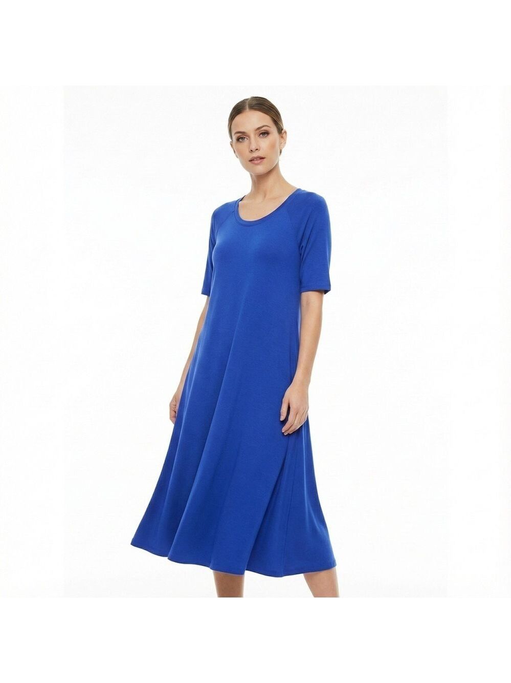 SOFT SURROUNDINGS Cobalt Blue Stretch Knit Short Sleeve Trapeze Dress US Sz L